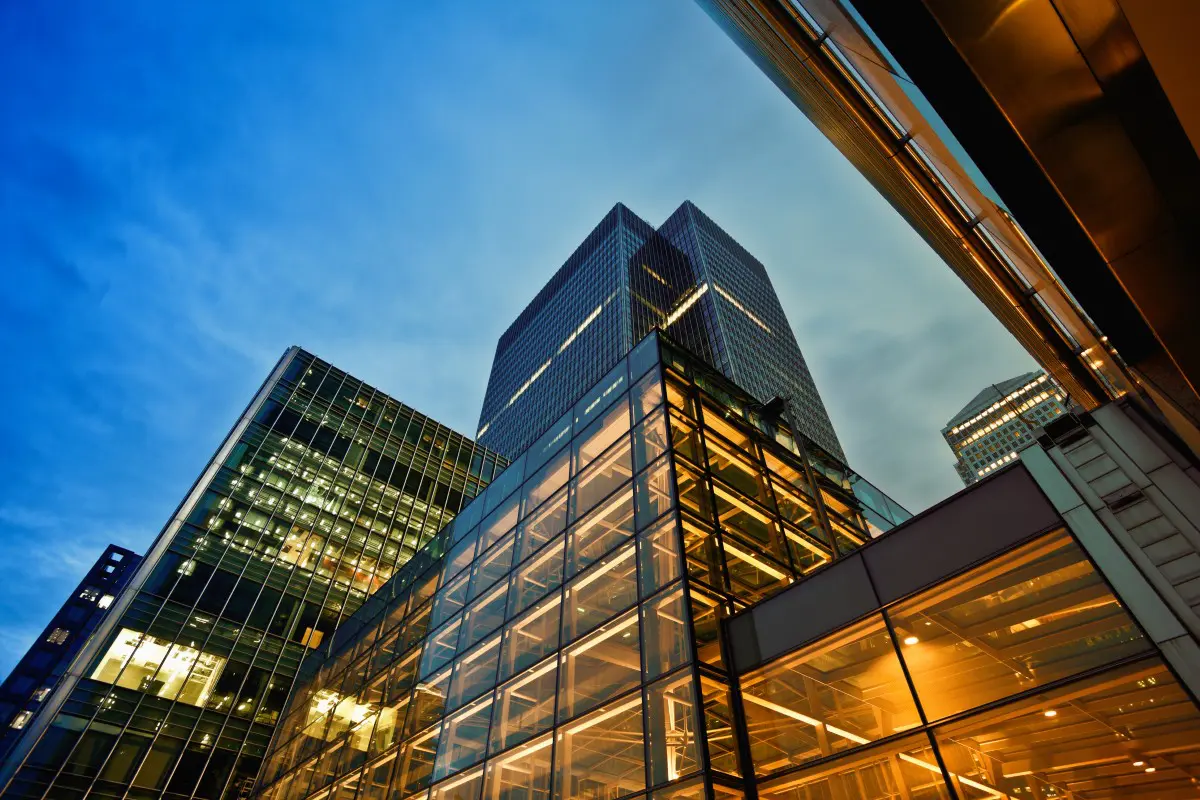 Modern skyscrapers at dusk