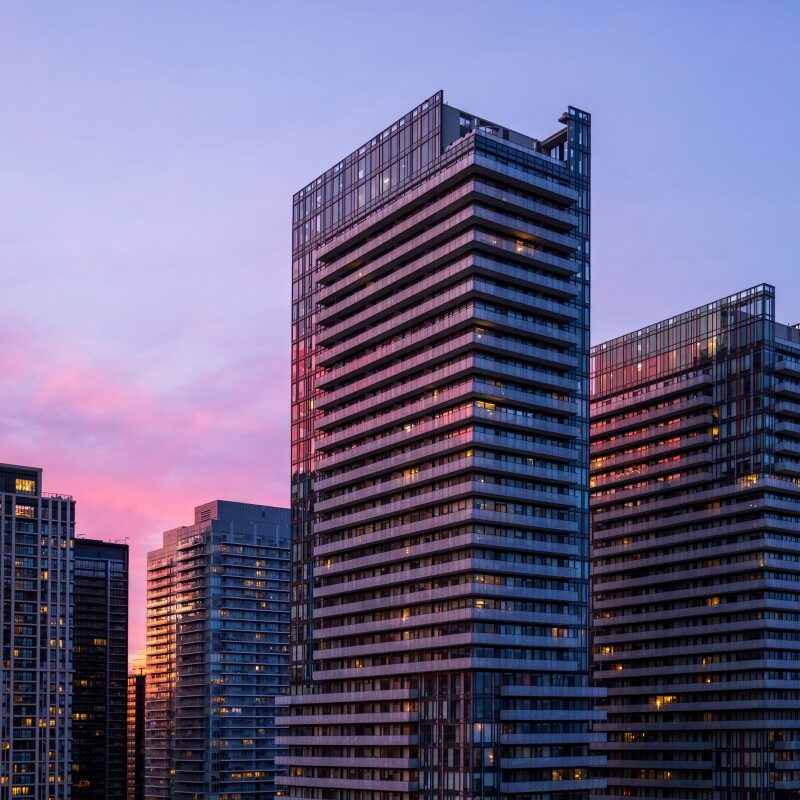 Modern skyscrapers at sunset